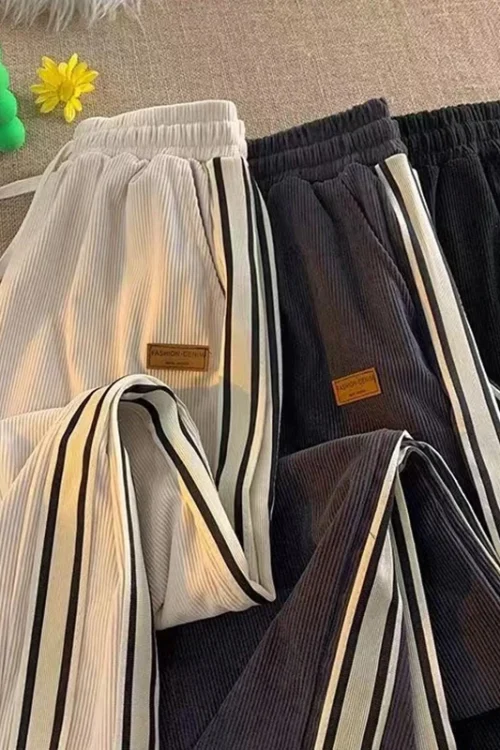 Corduroy Sweatpants Women Y2K High Waist Drawstring Wide Leg Trousers Bf Vintage Korean Streetwear All-Match Warm Straight Pants