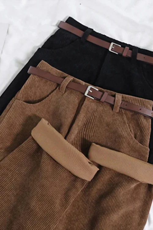 Women Spring Corduroy Pants High Waist Autumn Vintage Korean Casual Wide Leg Pants Elegant Belt Loose Cotton Streetwear