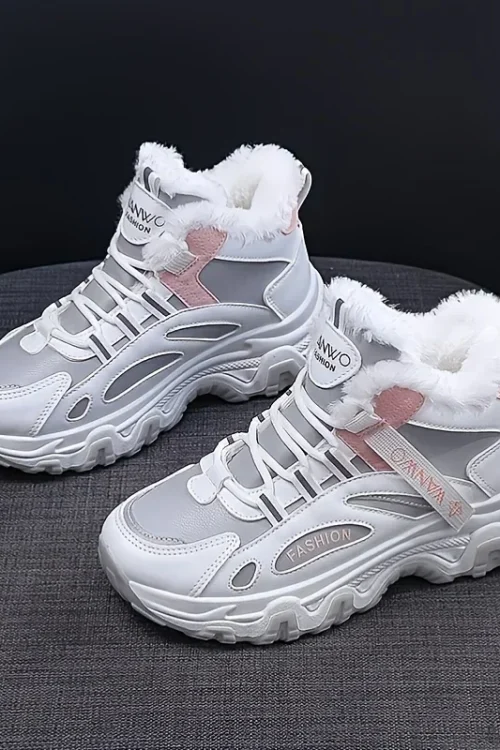 Women’s Casual Sneakers Color-block Thick Sole Chunky Sneakers Warm Plush Lined Anti-slip Running Shoes Platform Tennis Shoes